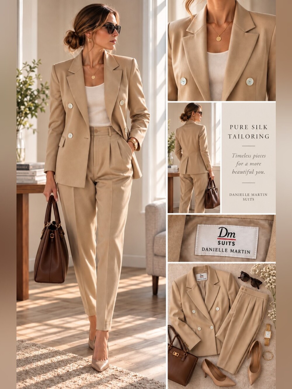 Vintage 1990s Danielle Martin 100% Silk Pant Suit – Tan Camel Like New